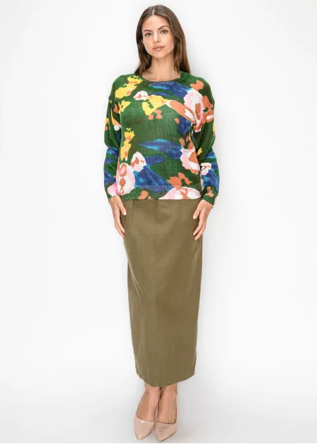 Abstract Watercolor Knit Pullover in Green