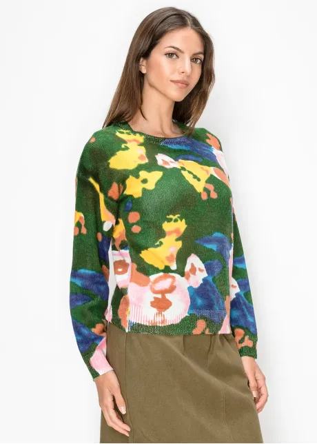 Abstract Watercolor Knit Pullover in Green