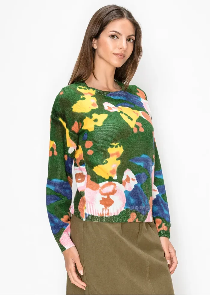 Abstract Watercolor Knit Pullover in Green