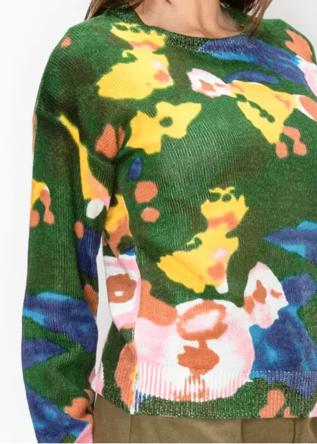 Abstract Watercolor Knit Pullover in Green