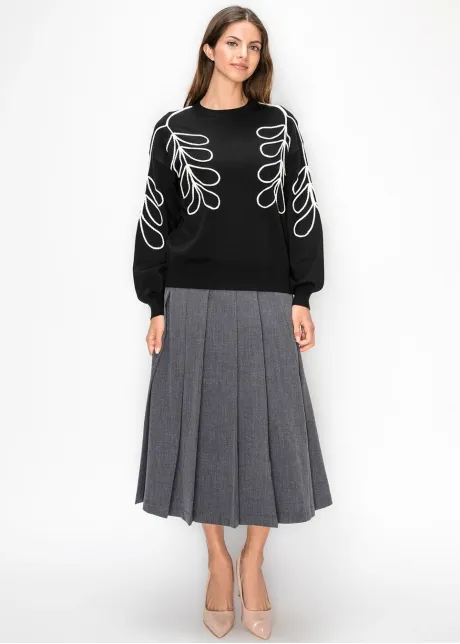 Black Sweater with White Embroidered Leaves