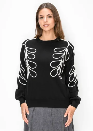 Black Sweater with White Embroidered Leaves