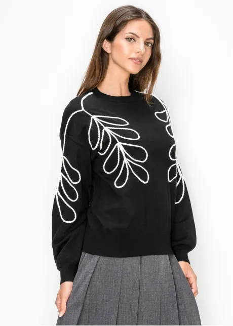 Black Sweater with White Embroidered Leaves