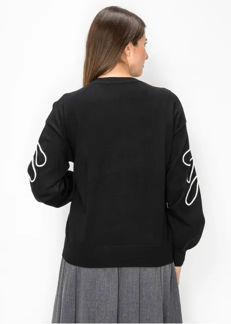 Black Sweater with White Embroidered Leaves