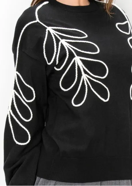 Black Sweater with White Embroidered Leaves