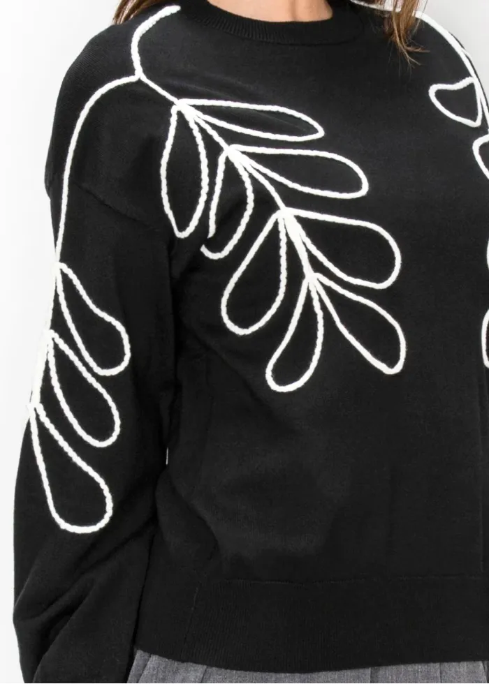 Black Sweater with White Embroidered Leaves