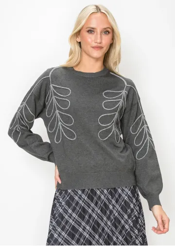 Grey Drop Shoulder Sweater with Leaf Detail
