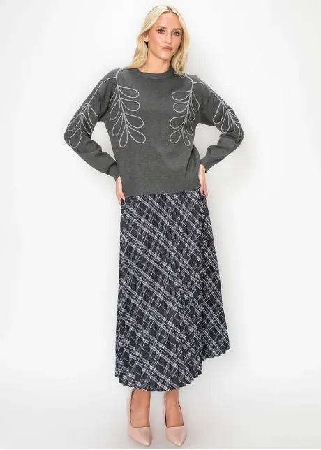 Grey Drop Shoulder Sweater with Leaf Detail
