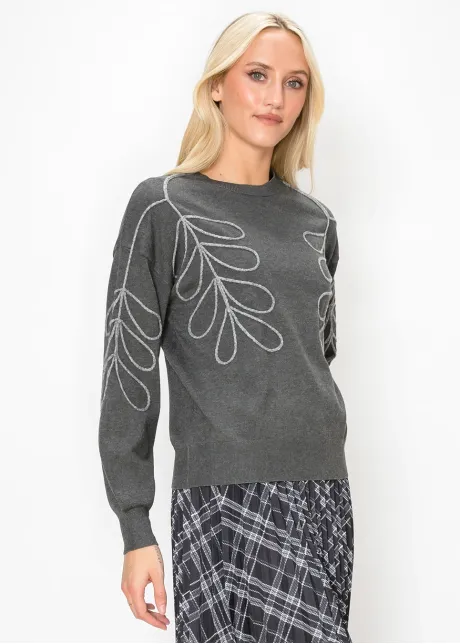 Grey Drop Shoulder Sweater with Leaf Detail
