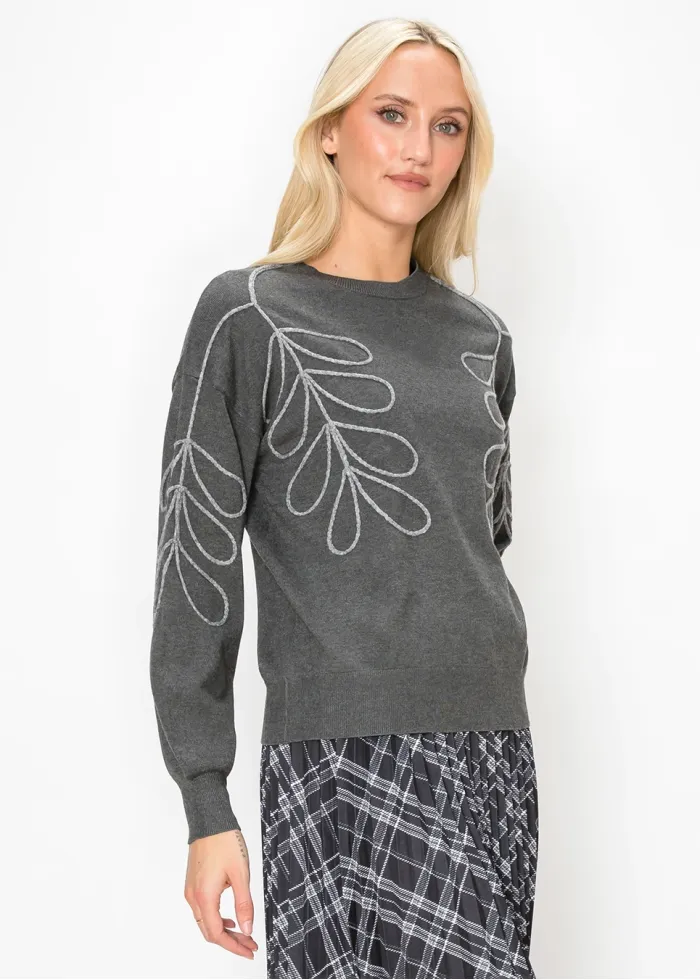 Grey Drop Shoulder Sweater with Leaf Detail
