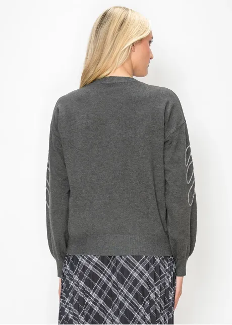 Grey Drop Shoulder Sweater with Leaf Detail