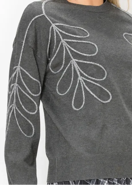 Grey Drop Shoulder Sweater with Leaf Detail