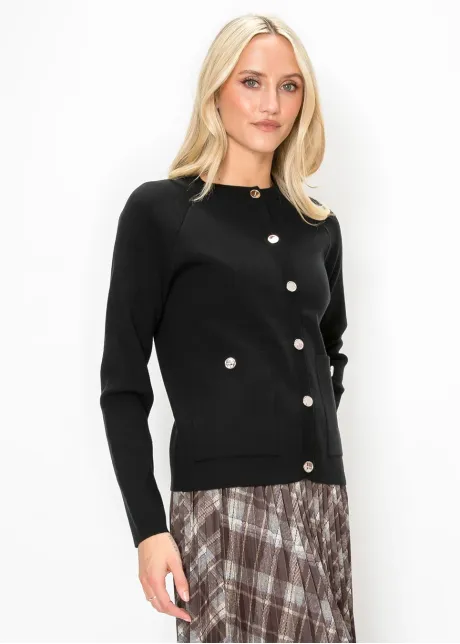 Crewneck Cardigan with Silver Buttons - Black