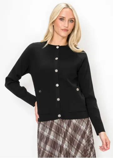 Crewneck Cardigan with Silver Buttons - Black