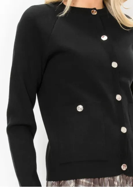 Crewneck Cardigan with Silver Buttons - Black