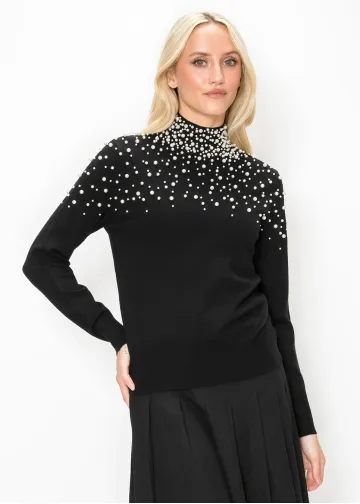 Black Pearl Embellished Mock Neck Sweater