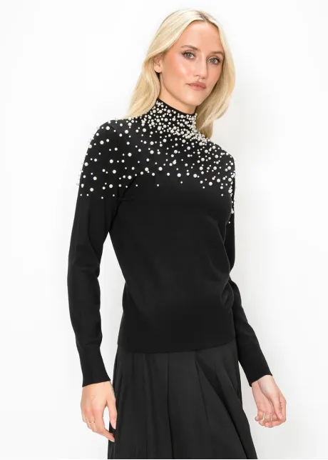Black Pearl Embellished Mock Neck Sweater