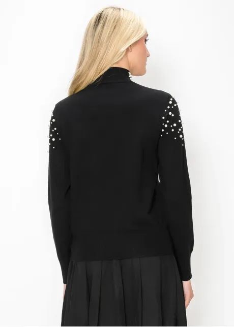 Black Pearl Embellished Mock Neck Sweater