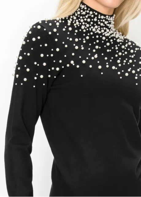 Black Pearl Embellished Mock Neck Sweater