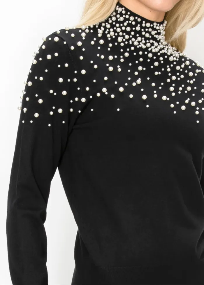 Black Pearl Embellished Mock Neck Sweater