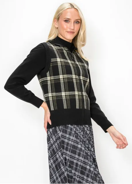 Plaid Zip Front Sweater Vest