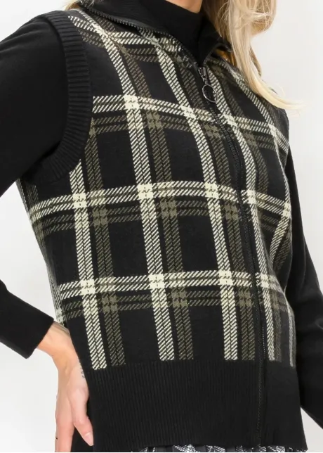 Plaid Zip Front Sweater Vest