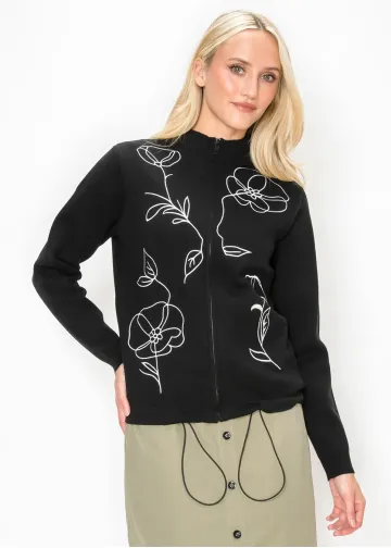 Black Zip Cardigan with White Floral Embroidery