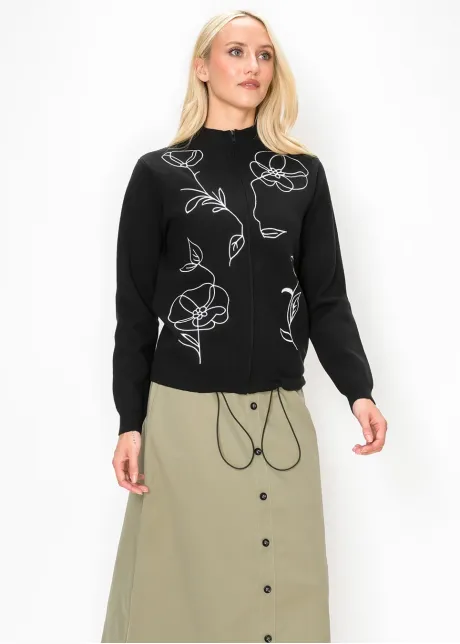 Black Zip Cardigan with White Floral Embroidery