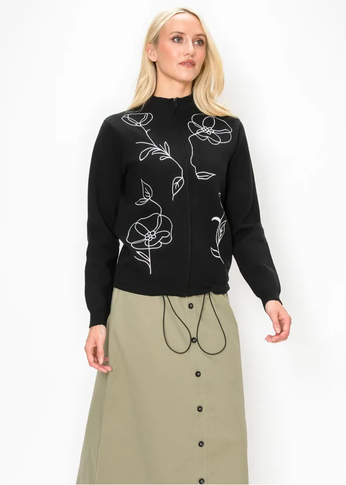 Black Zip Cardigan with White Floral Embroidery