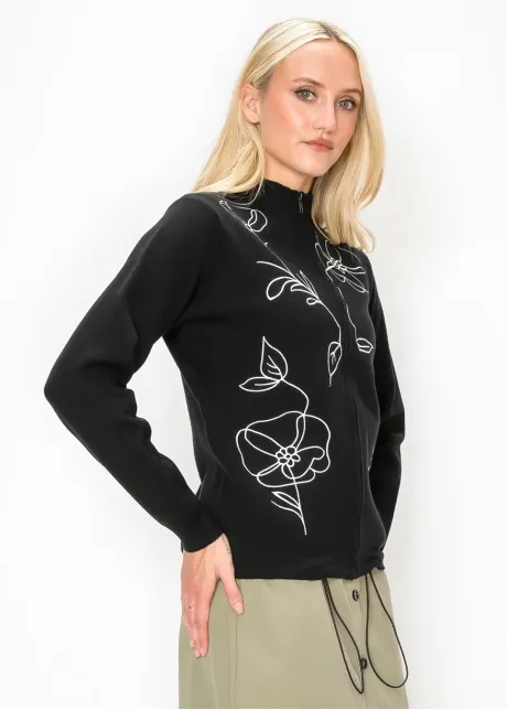 Black Zip Cardigan with White Floral Embroidery