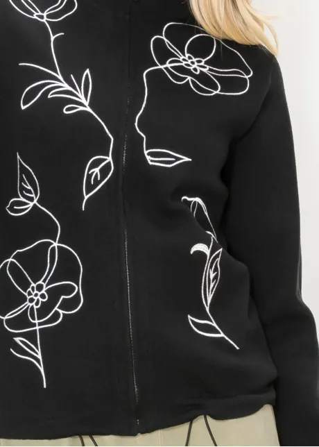 Black Zip Cardigan with White Floral Embroidery