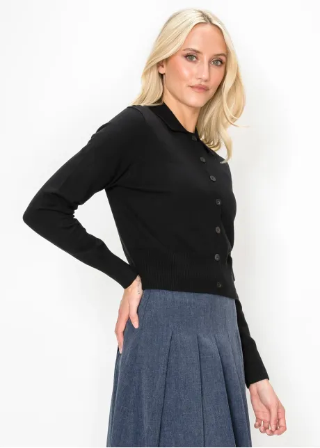 Cropped Button-Front Cardigan in Black