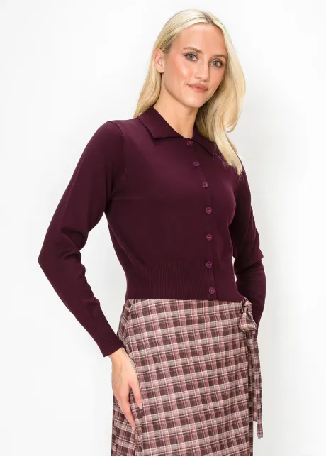Burgundy Collared Knit Cardigan