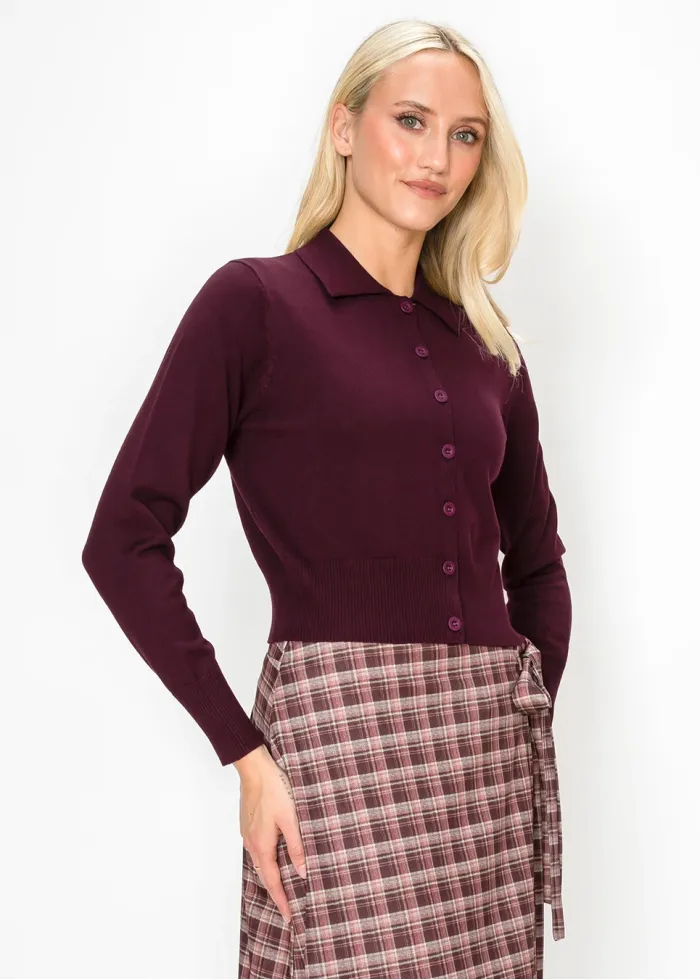 Burgundy Collared Knit Cardigan