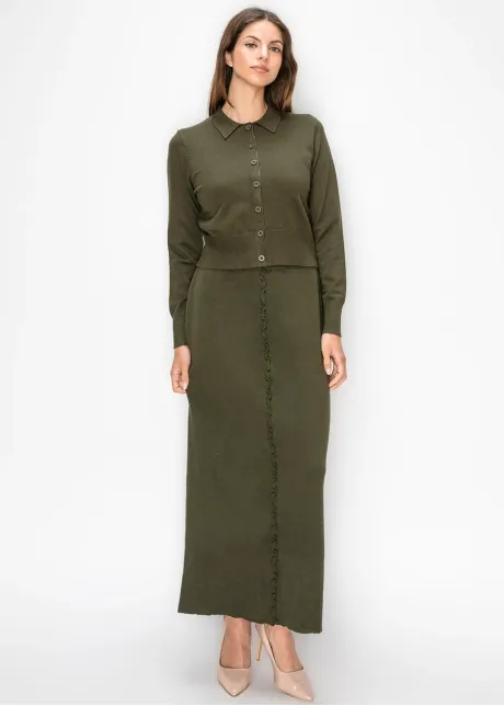 Olive Green Button Cardigan with Collar