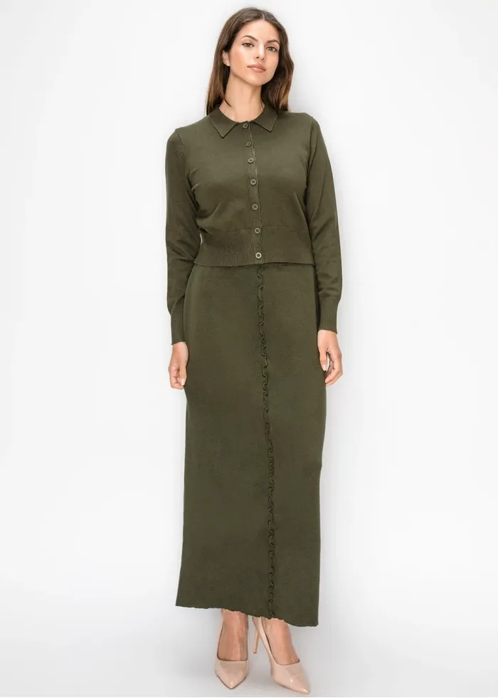 Olive Green Button Cardigan with Collar