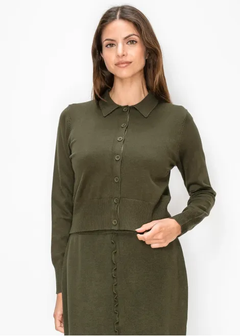 Olive Green Button Cardigan with Collar