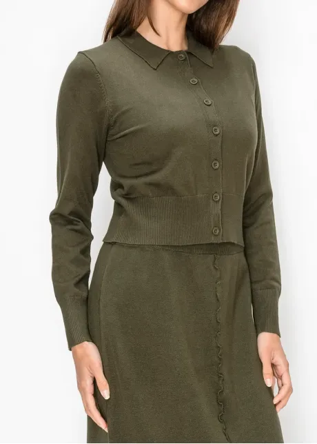 Olive Green Button Cardigan with Collar