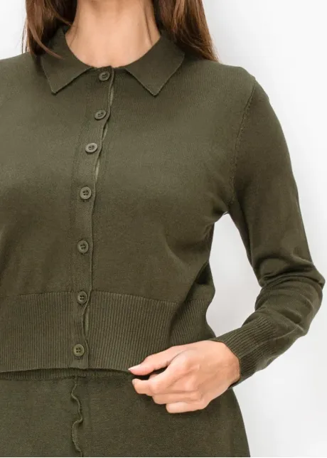 Olive Green Button Cardigan with Collar