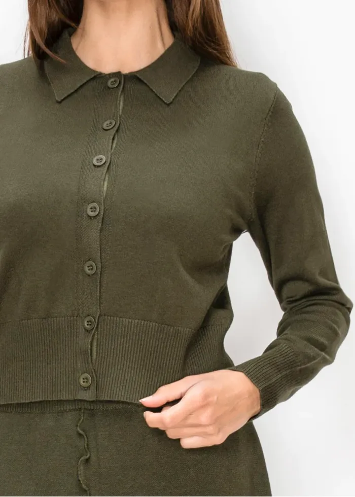 Olive Green Button Cardigan with Collar