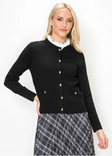Black Band Collar Cardigan with Ribbed Waist