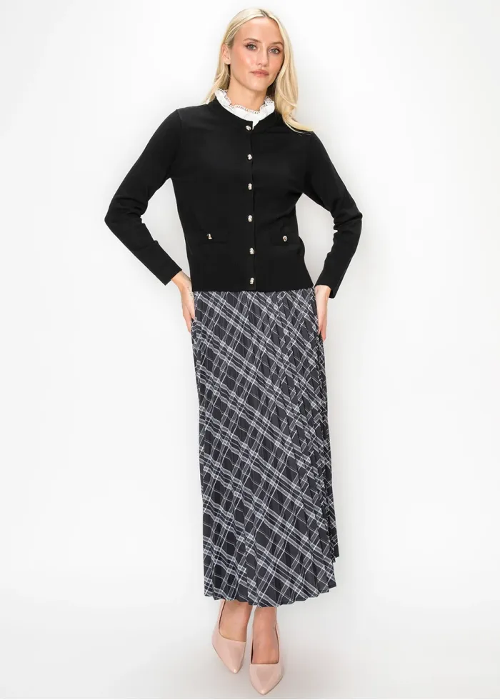 Black Band Collar Cardigan with Ribbed Waist