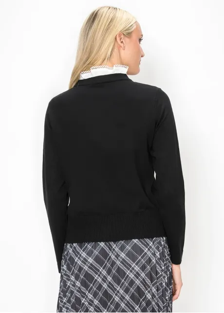 Black Band Collar Cardigan with Ribbed Waist