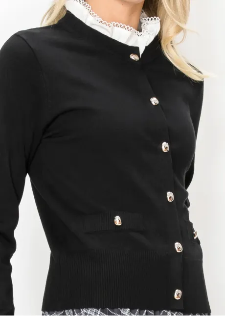 Black Band Collar Cardigan with Ribbed Waist