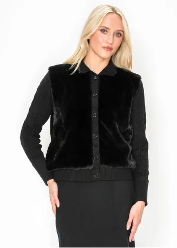 Black Button Front Fur Panel Cardigan