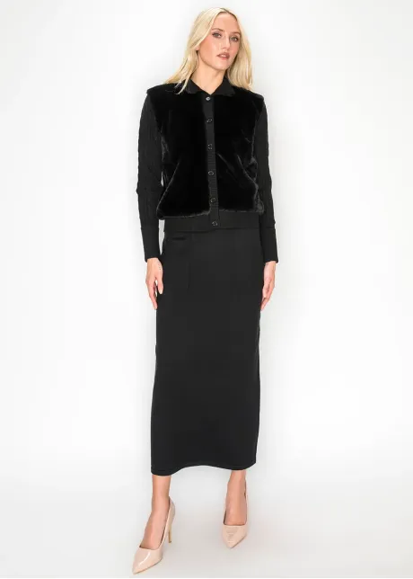 Black Button Front Fur Panel Cardigan