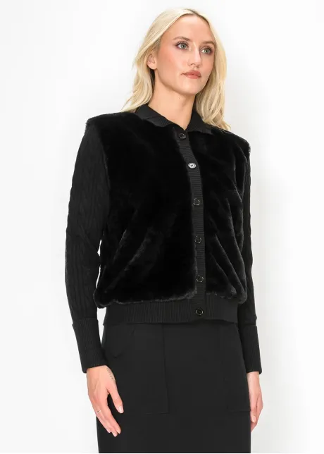 Black Button Front Fur Panel Cardigan