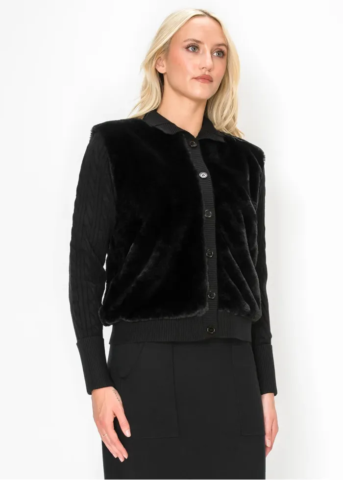 Black Button Front Fur Panel Cardigan
