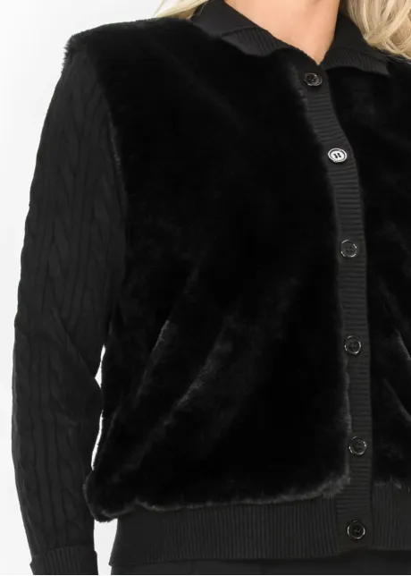 Black Button Front Fur Panel Cardigan