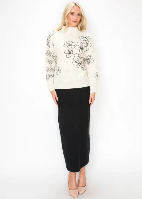 Cream Sweater with Black Floral Embroidery